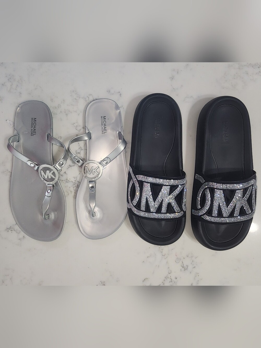 Michael Kors Silver Jelly Thong Sandals and Black MK Rhinestone Slides
